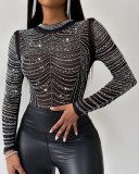 Women Chic Diamond Round Neck Mesh Bodysuit