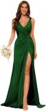 Women's Strap V-Neck Bridesmaid Dress Sleeveless Satin High Slit Prom Dress（Processing time need 3-6 days）