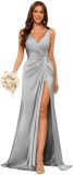 Women's Strap V-Neck Bridesmaid Dress Sleeveless Satin High Slit Prom Dress（Processing time need 3-6 days）