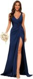 Women's Strap V-Neck Bridesmaid Dress Sleeveless Satin High Slit Prom Dress（Processing time need 3-6 days）