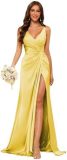 Women's Strap V-Neck Bridesmaid Dress Sleeveless Satin High Slit Prom Dress（Processing time need 3-6 days）