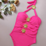 Sexy Hollow One-Piece Women Swimsuit Metal Flower Decoration Halter Neck Bikini
