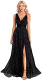V-Neck Slim Long Dress Elegant High Slit Sequin Prom Dress（Processing time need 3-6 days）