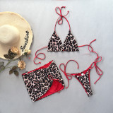 Women Sexy Leopard Print Lace-Up Three-Piece Bikini Swimsuit