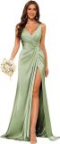 Women's Strap V-Neck Bridesmaid Dress Sleeveless Satin High Slit Prom Dress（Processing time need 3-6 days）