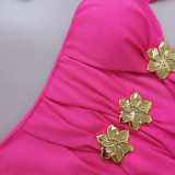 Sexy Hollow One-Piece Women Swimsuit Metal Flower Decoration Halter Neck Bikini