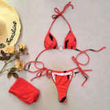 Sexy Halter Neck Cross Lace-Up Print Mesh Long Skirt Three-Piece Bikini Women Swimsuit