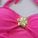 Sexy Hollow One-Piece Women Swimsuit Metal Flower Decoration Halter Neck Bikini