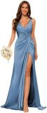 Women's Strap V-Neck Bridesmaid Dress Sleeveless Satin High Slit Prom Dress（Processing time need 3-6 days）