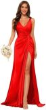 Women's Strap V-Neck Bridesmaid Dress Sleeveless Satin High Slit Prom Dress（Processing time need 3-6 days）
