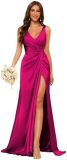 Women's Strap V-Neck Bridesmaid Dress Sleeveless Satin High Slit Prom Dress（Processing time need 3-6 days）