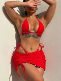 Women Sexy Leopard Print Lace-Up Three-Piece Bikini Swimsuit