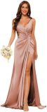 Women's Strap V-Neck Bridesmaid Dress Sleeveless Satin High Slit Prom Dress（Processing time need 3-6 days）