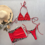 Women Sexy Leopard Print Lace-Up Three-Piece Bikini Swimsuit