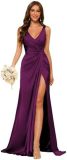 Women's Strap V-Neck Bridesmaid Dress Sleeveless Satin High Slit Prom Dress（Processing time need 3-6 days）