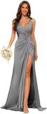 Women's Strap V-Neck Bridesmaid Dress Sleeveless Satin High Slit Prom Dress（Processing time need 3-6 days）