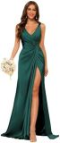 Women's Strap V-Neck Bridesmaid Dress Sleeveless Satin High Slit Prom Dress（Processing time need 3-6 days）
