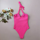 Sexy Hollow One-Piece Women Swimsuit Metal Flower Decoration Halter Neck Bikini