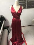 Deep V Neck Sleeveless Lace-Up Sexy Low Back High Waist Swing Satin Gown Women's Dress