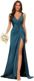 Women's Strap V-Neck Bridesmaid Dress Sleeveless Satin High Slit Prom Dress（Processing time need 3-6 days）