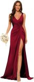 Women's Strap V-Neck Bridesmaid Dress Sleeveless Satin High Slit Prom Dress（Processing time need 3-6 days）