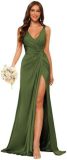 Women's Strap V-Neck Bridesmaid Dress Sleeveless Satin High Slit Prom Dress（Processing time need 3-6 days）