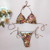 Women Sexy Leopard Print Lace-Up Ruffled Bikini Swimsuit