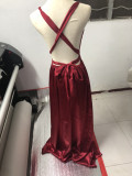 Deep V Neck Sleeveless Lace-Up Sexy Low Back High Waist Swing Satin Gown Women's Dress