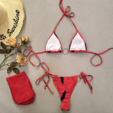 Sexy Halter Neck Cross Lace-Up Print Mesh Long Skirt Three-Piece Bikini Women Swimsuit