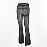 See-Through Rhinestone Mesh Sexy Trousers Women Nightclub High Waist Flared Pants