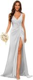 Women's Strap V-Neck Bridesmaid Dress Sleeveless Satin High Slit Prom Dress（Processing time need 3-6 days）
