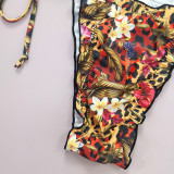 Women Sexy Leopard Print Lace-Up Ruffled Bikini Swimsuit