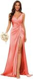 Women's Strap V-Neck Bridesmaid Dress Sleeveless Satin High Slit Prom Dress（Processing time need 3-6 days）
