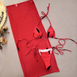 Sexy Halter Neck Cross Lace-Up Print Mesh Long Skirt Three-Piece Bikini Women Swimsuit