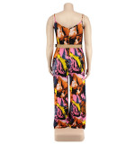 Plus Size Women summer suspender print Jumpsuit with belt