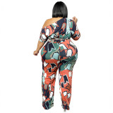 Plus Size Women summer Slash Shoulder print Jumpsuit with belt