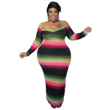 Plus Size Women Summer V-neck Off-shoulder Striped Print Dress