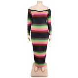 Plus Size Women Summer V-neck Off-shoulder Striped Print Dress