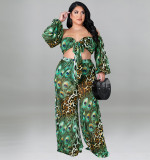 Plus Size Women summer peacock flower strapless Crop Strapless Top and Pant Casual two-piece set