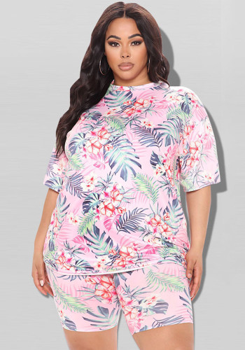 Plus Size Women Summer Print Top and Shorts Two-piece Set