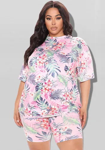 Plus Size Women Summer Print Top and Shorts Two-piece Set