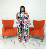 Plus Size Women summer Slash Shoulder print Jumpsuit with belt