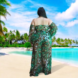 Plus Size Women summer peacock flower strapless Crop Strapless Top and Pant Casual two-piece set