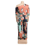 Plus Size Women summer Slash Shoulder print Jumpsuit with belt
