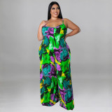 Plus Size Women summer suspender print Jumpsuit with belt