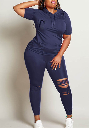Women Summer Solid Hooded Short-Sleeved Top and Pants Two-Piece Set