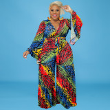 Plus Size Women Bell Bottom Sleeve Top and Pants Two-piece Set
