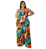Plus Size Women summer suspender print Jumpsuit with belt