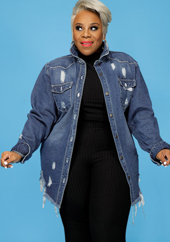 Plus Size Women Ripped Washed Denim Jacket