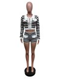 Women Stretchy Striped Lace-up Turndown Collar Long Sleeve Top And Shorts Two-piece Set